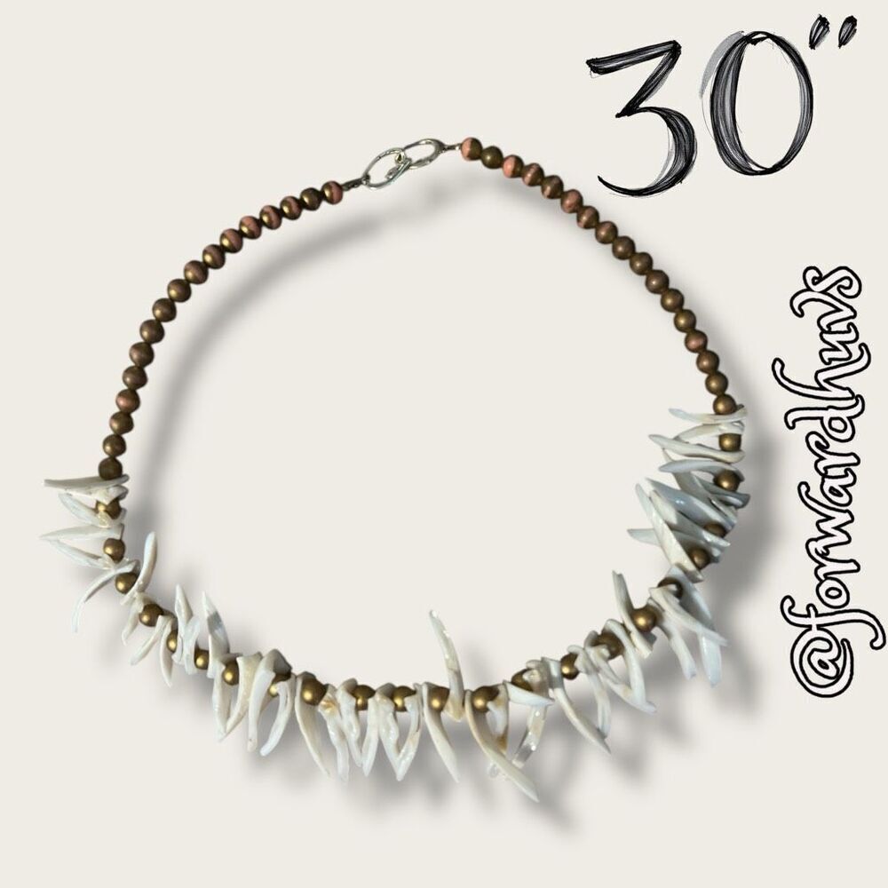 30-Inch Brutalist Jewelry Necklace with Jagged Shells, Brass and Pink Beads